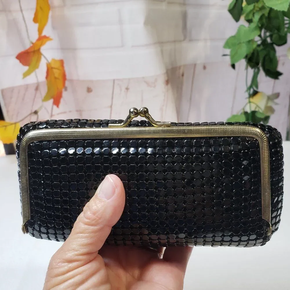 Vintage Warren Reed Black Metal Mesh Vanity Mirror Top Clutch